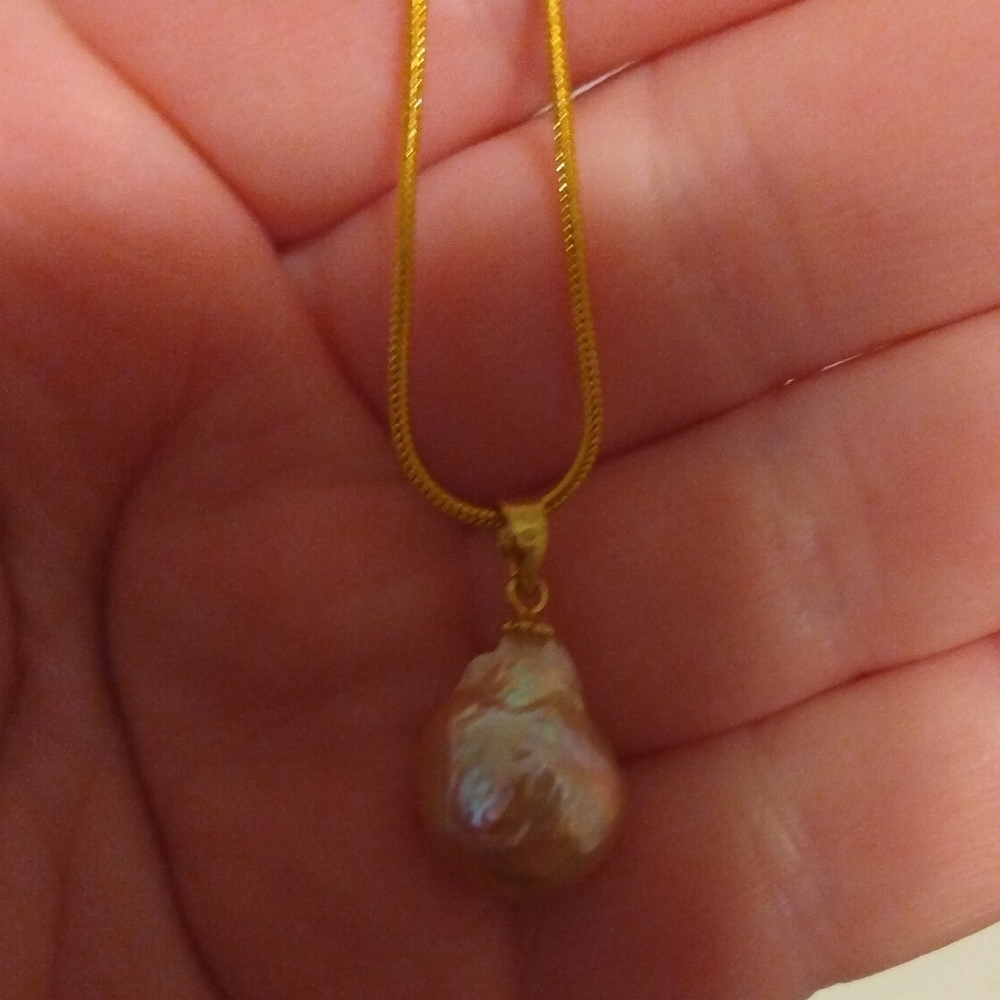 14k Gold Over Silver 13mm Rainbow Nacre Pink Pearl Pendant + Chain Necklace Set
